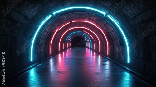 3D-rendered futuristic asphalt tunnel with glowing neon arcs illuminating a dark, sci-fi atmosphere.