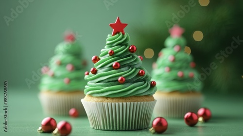 Christmas cupcakes decorated with green frosting and christmas tree.