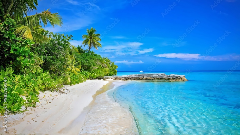 Crystal-clear turquoise sea reflecting blue sky, with an idyllic island covered in green palms_026 Crystal-clear turquoise sea reflecting blue sky, with an idyllic island covered in green palms_026