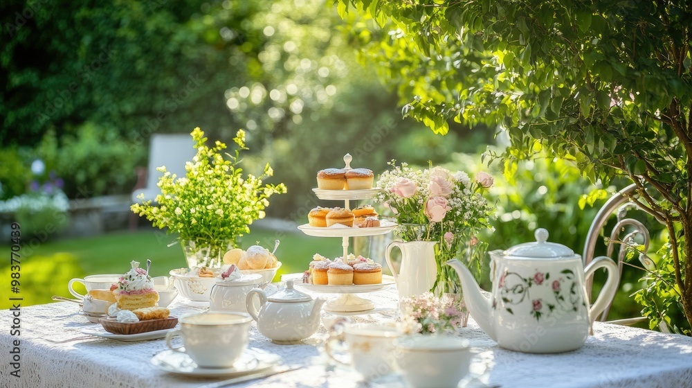 A beautiful outdoor garden with a table set for afternoon tea, featuring cakes, delicate teacups, and greenery in the background A beautiful outdoor garden with a table set for afternoon tea, featuring cakes, delicate teacups, and greenery in the background