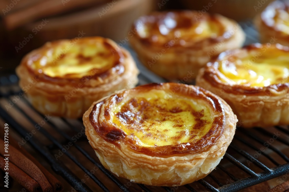 Close-up of Golden Brown Custard Tarts on a Wire Rack Close-up of Golden Brown Custard Tarts on a Wire Rack