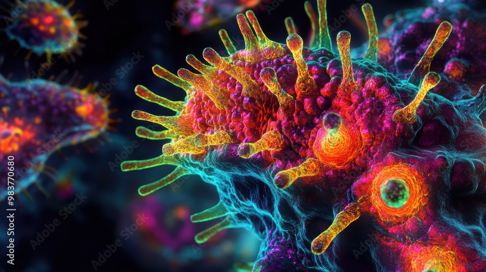 Close-Up of Virus Under Microscope Showcasing Complex Structures and Vibrant Colors Resembling Alien Organism Close-Up of Virus Under Microscope Showcasing Complex Structures and Vibrant Colors Resembling Alien Organism