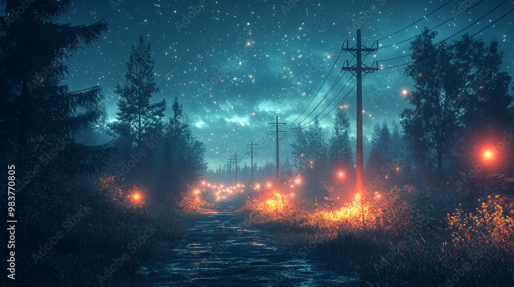 Fototapeta premium A mysterious path through a forest at night, lit by glowing lights.