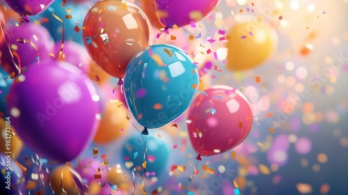 colorful balloons and confetti for a holiday celebration like birthday anniversary. wallpaper background for ads or gifts wrap and web design. Generative AI