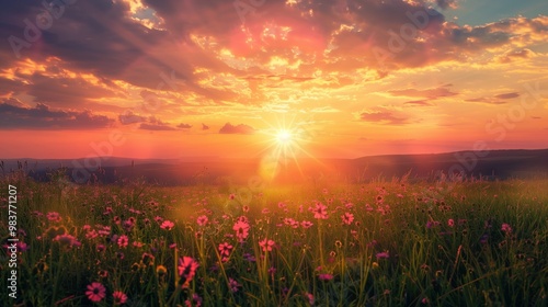 Beautiful Sunset Over Wildflower Field, Capturing Nature's Breathtaking Beauty at Golden Hour