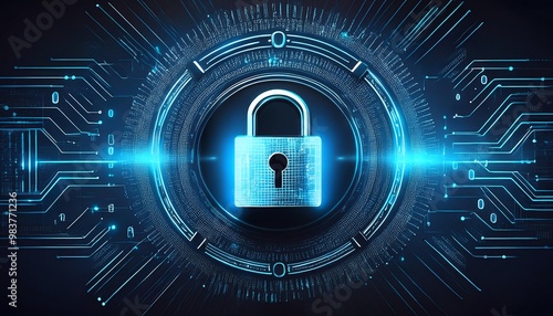 Online protection lock icon with binary code on the screen