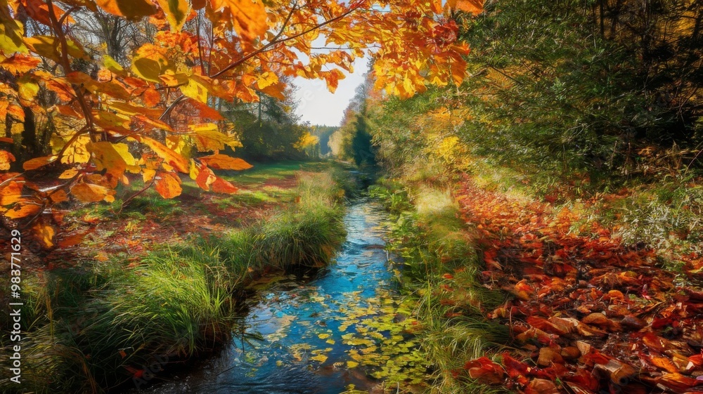 Forest stream flowing through a vibrant autumn landscape on a sunny day Forest stream flowing through a vibrant autumn landscape on a sunny day