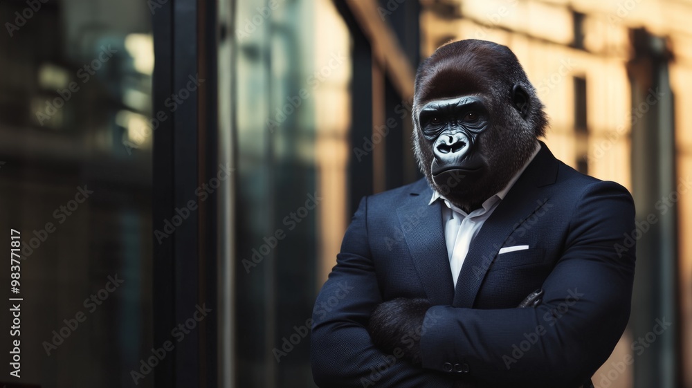 A standing gorilla in a suit crossing arms in an urban setting with reflective glass buildings, blending wildlife with modern business culture. A standing gorilla in a suit crossing arms in an urban setting with reflective glass buildings, blending wildlife with modern business culture.