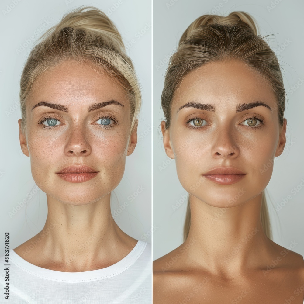 Woman Posing Before and After Facelift Showing Face Fit Woman Posing Before and After Facelift Showing Face Fit