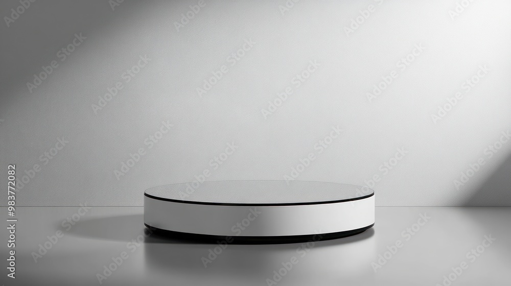 A minimalist circular display platform in a softly lit environment. A minimalist circular display platform in a softly lit environment.