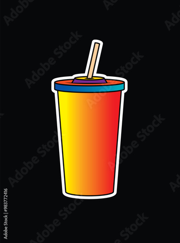 Fast food plastic cup with straw. Hot or cold drink. Original vector illustration in vintage style.