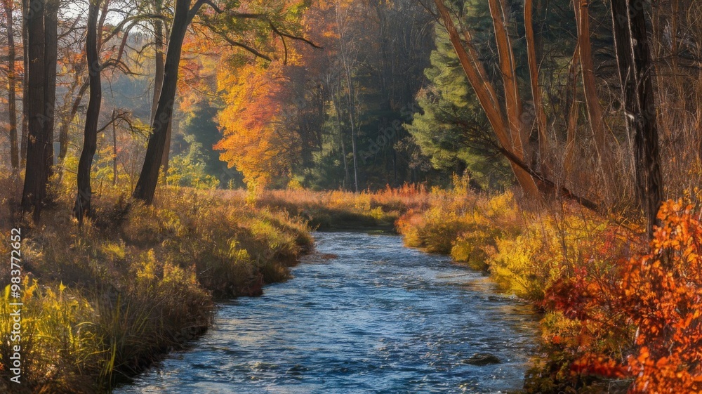 Forest stream flowing through a vibrant autumn landscape on a sunny day Forest stream flowing through a vibrant autumn landscape on a sunny day