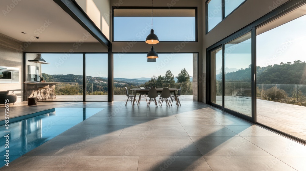 Modern interior showcasing open space with large windows and scenic views. Modern interior showcasing open space with large windows and scenic views.