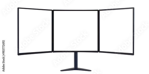 Triple Screen Monitor Setup with White Background. photo