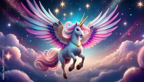 A magical unicorn with colorful wings flies through a starry sky, surrounded by fluffy clouds and sparkling lights, evoking a sense of wonder and fantasy. photo