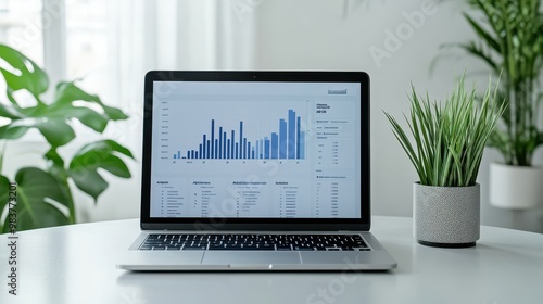 Laptop with Financial Data Analytics Dashboard on Screen