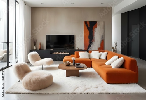 A modern living room with an orange sectional sofa, a large abstract painting on the wall, and a shag rug on the floor. The room has a minimalist and contemporary design aesthetic. photo