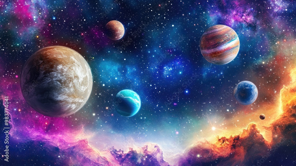 A celestial scene with planets floating over colorful nebulae, illuminated by starlight in the endless expanse of space A celestial scene with planets floating over colorful nebulae, illuminated by starlight in the endless expanse of space