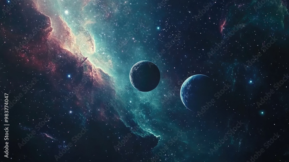 Fototapeta premium A celestial scene with planets floating over colorful nebulae, illuminated by starlight in the endless expanse of space