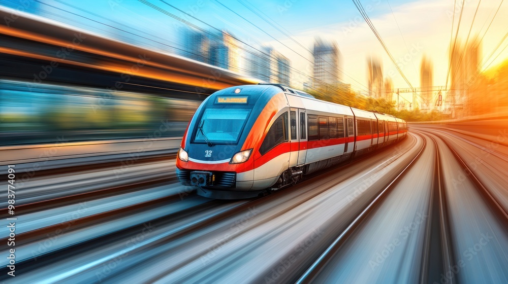 A high-speed train navigating through an urban landscape at sunset. A high-speed train navigating through an urban landscape at sunset.