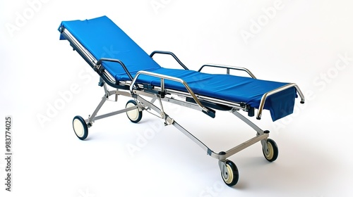 A bright blue stretcher, designed for medical or emergency use, showcasing its sturdy construction and functionality, perfect for themes related to healthcare, rescue operations, or first aid,