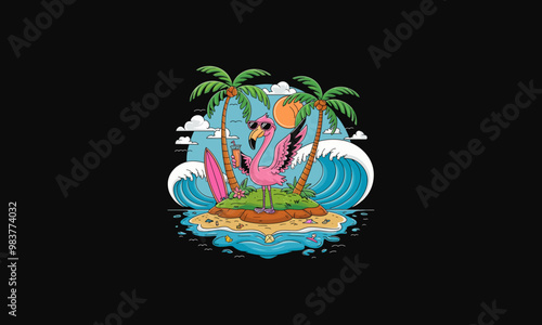 Cool flamingo surfing island at sunset with drink