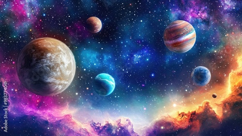 Fototapeta Naklejka Na Ścianę i Meble -  A celestial scene with planets floating over colorful nebulae, illuminated by starlight in the endless expanse of space