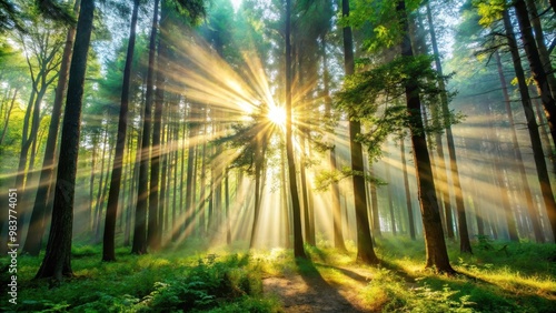 Sun rays shining through dense forest trees, Sunlight, nature, forest, beams, rays, trees, green, shadows, glowing, outdoors