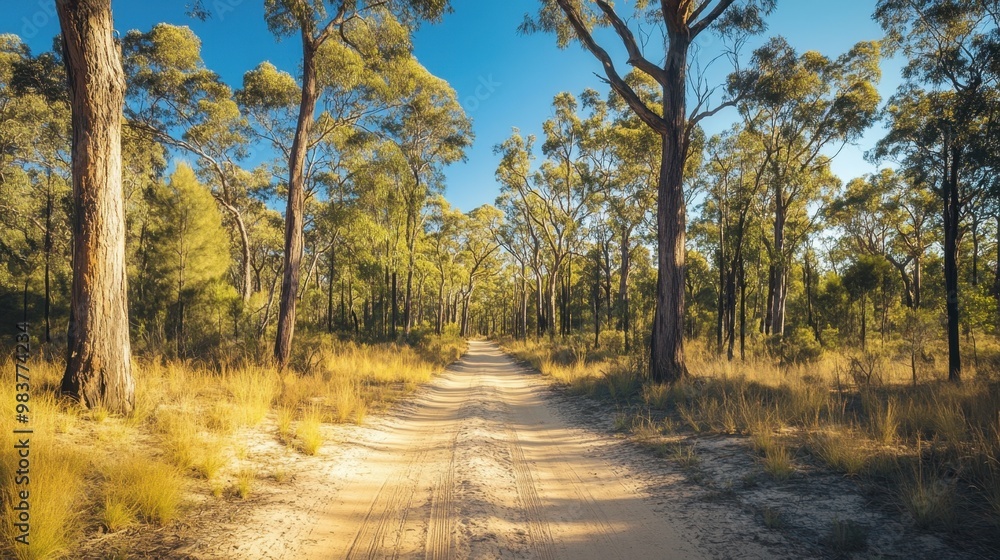 Fototapeta premium A rugged sandy bush track cuts through the outback forest, with tall trees and a clear blue sky creating a sense of adventure
