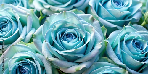 Delicate, full-bloomed light blue roses boast soft green foliage, their velvety petals exuding gentle charm, radiating