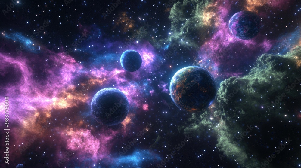 A cosmic scene of planets floating above glowing nebulae, surrounded by distant stars in the infinite space A cosmic scene of planets floating above glowing nebulae, surrounded by distant stars in the infinite space