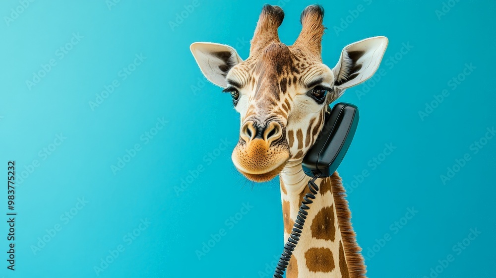 Obraz premium A whimsical image of a giraffe holding a telephone against a teal background. The cute and quirky giraffe is humorously making a phone call.