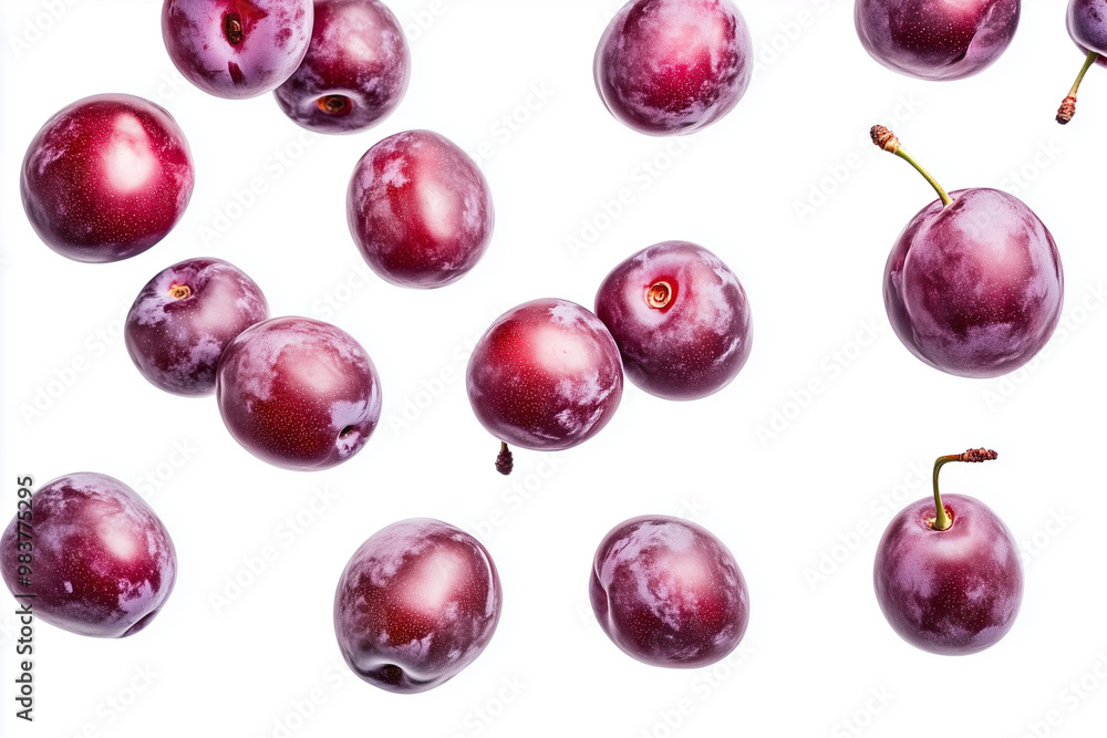 bunch of plums are floating in the air, with some of them falling to the ground. The plums are of different sizes and are scattered throughout the scene. Concept of motion and playfulness bunch of plums are floating in the air, with some of them falling to the ground. The plums are of different sizes and are scattered throughout the scene. Concept of motion and playfulness