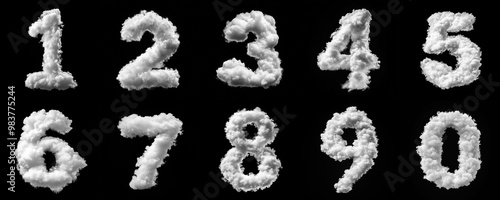 set of white cloud numbers: 1, 2, 3, 4, 5, 6, 7, 8, 9, 0. isolated on black background