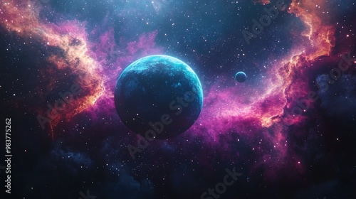 A cosmic view of planets over colorful nebulae, with distant stars shining in the background, creating a stunning space scene