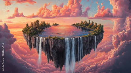 A perfectly circular island with waterfalls streaming into a void, surreal floating objects, pastel skies with vivid pink and orange clouds, Surrealism, Oil Painting photo