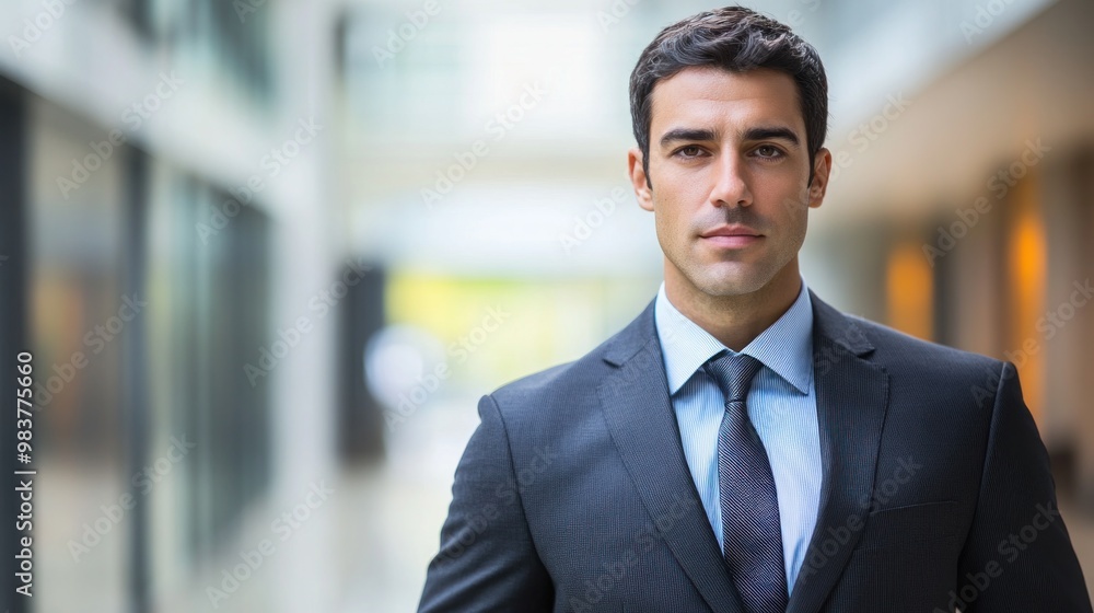 A confident man in a suit standing in a modern office environment. A confident man in a suit standing in a modern office environment.