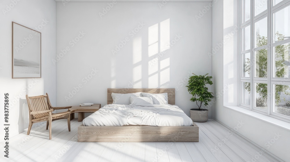 Fototapeta premium A minimalist bedroom featuring a bed, chair, and plant, emphasizing tranquility and simplicity.
