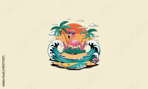 Cool flamingo surfing island at sunset with drink
