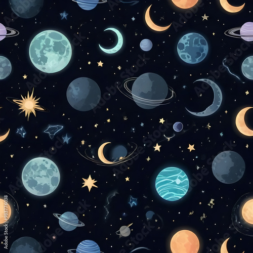 Seamless pattern of mystical celestial objects like crescent moons, stars, and planets with glowing outlines, set against a deep, dark space background