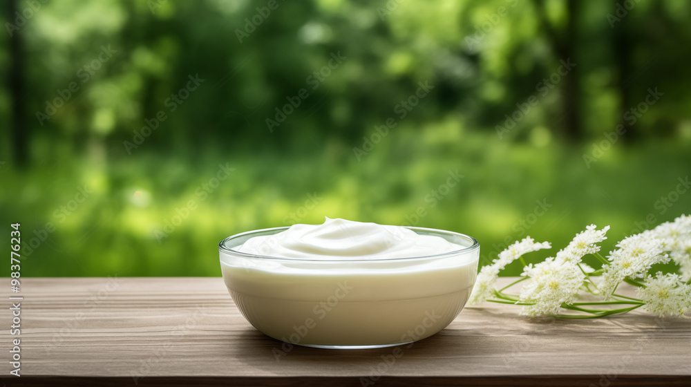 HD stock photo of cream on a plate on a wooden table with lush landscape backgrounds, bokeh panorama, and a play of light and shadow, capturing contemplative absurdity HD stock photo of cream on a plate on a wooden table with lush landscape backgrounds, bokeh panorama, and a play of light and shadow, capturing contemplative absurdity