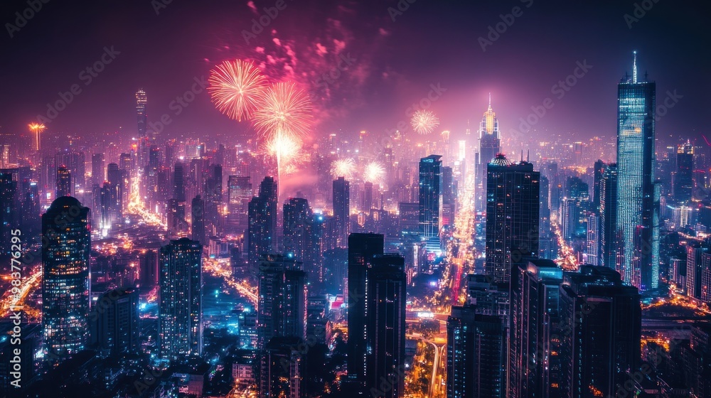 Obraz premium A vibrant city skyline illuminated by fireworks at night.