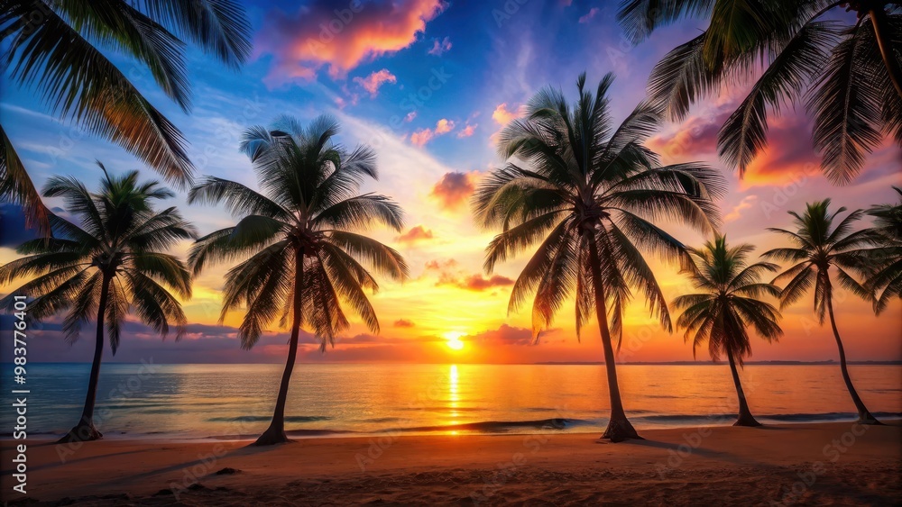 Tropical sunset beach scene with palm trees and coconut trees silhouetted against the sky, tropical, landscape, beach Tropical sunset beach scene with palm trees and coconut trees silhouetted against the sky, tropical, landscape, beach