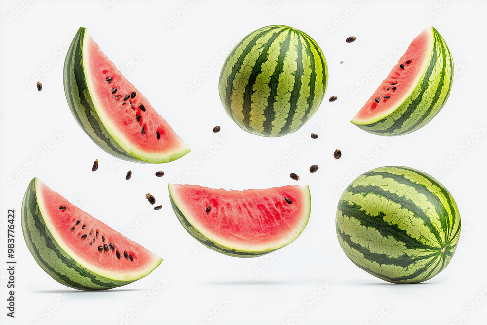 close up of watermelon slices with a few pieces missing. The slices are in the air, giving the impression of them being thrown or falling close up of watermelon slices with a few pieces missing. The slices are in the air, giving the impression of them being thrown or falling