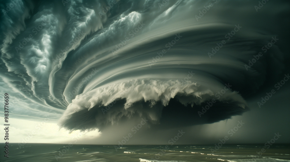 Fototapeta premium A powerful La Niña storm over the Pacific Ocean, with dark, swirling clouds and high winds creating massive waves. The ocean looks cold and turbulent under the stormy sky.