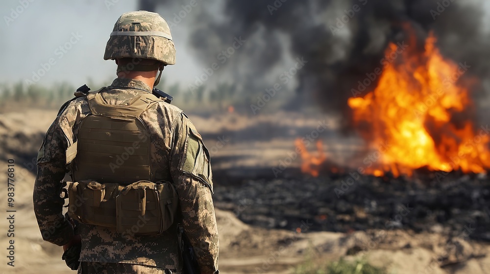 A soldier gazing intently at burning oil, capturing the intensity of the moment and the emotions of conflict, reflecting themes of war, sacrifice, and resilience, set against a dramatic backdrop A soldier gazing intently at burning oil, capturing the intensity of the moment and the emotions of conflict, reflecting themes of war, sacrifice, and resilience, set against a dramatic backdrop