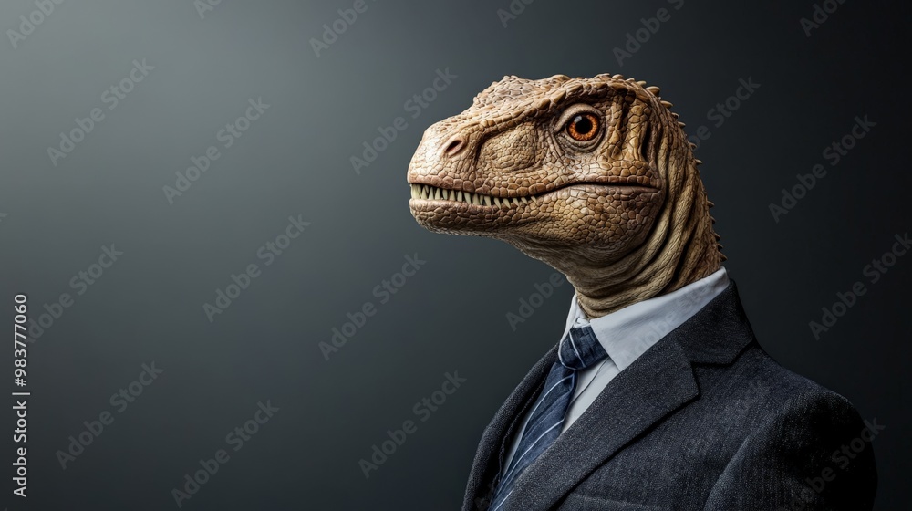 Business dinosaur in a suit and tie, creative concept with a prehistoric creature dressed as a professional, humor and surreal stock photo. Business dinosaur in a suit and tie, creative concept with a prehistoric creature dressed as a professional, humor and surreal stock photo.