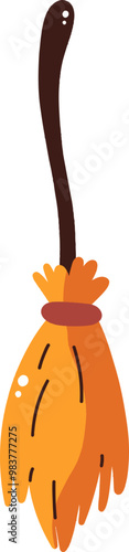 Cartoon illustration of a whimsical broomstick with orange bristles