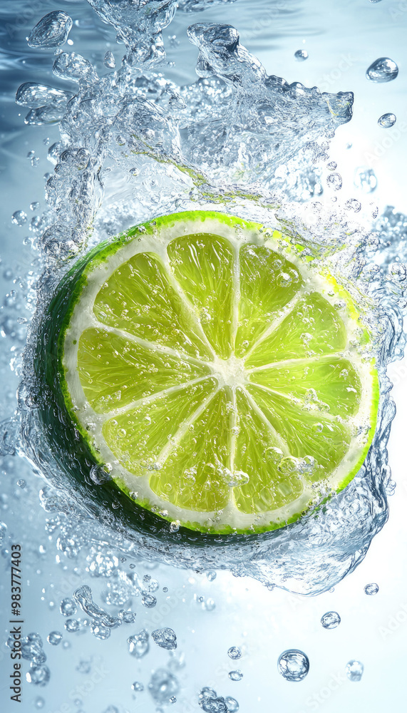 A fresh lime slice splashes into clear water, creating dynamic droplets and a vibrant display of refreshing citrus. A fresh lime slice splashes into clear water, creating dynamic droplets and a vibrant display of refreshing citrus.