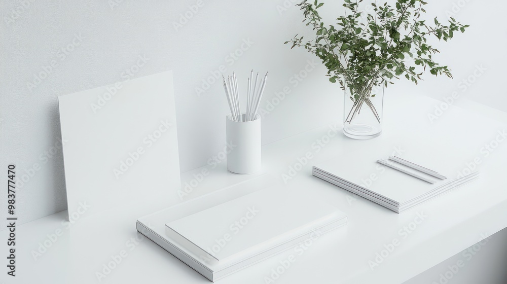 A minimalist workspace featuring stationery and a plant for a calming atmosphere. A minimalist workspace featuring stationery and a plant for a calming atmosphere.